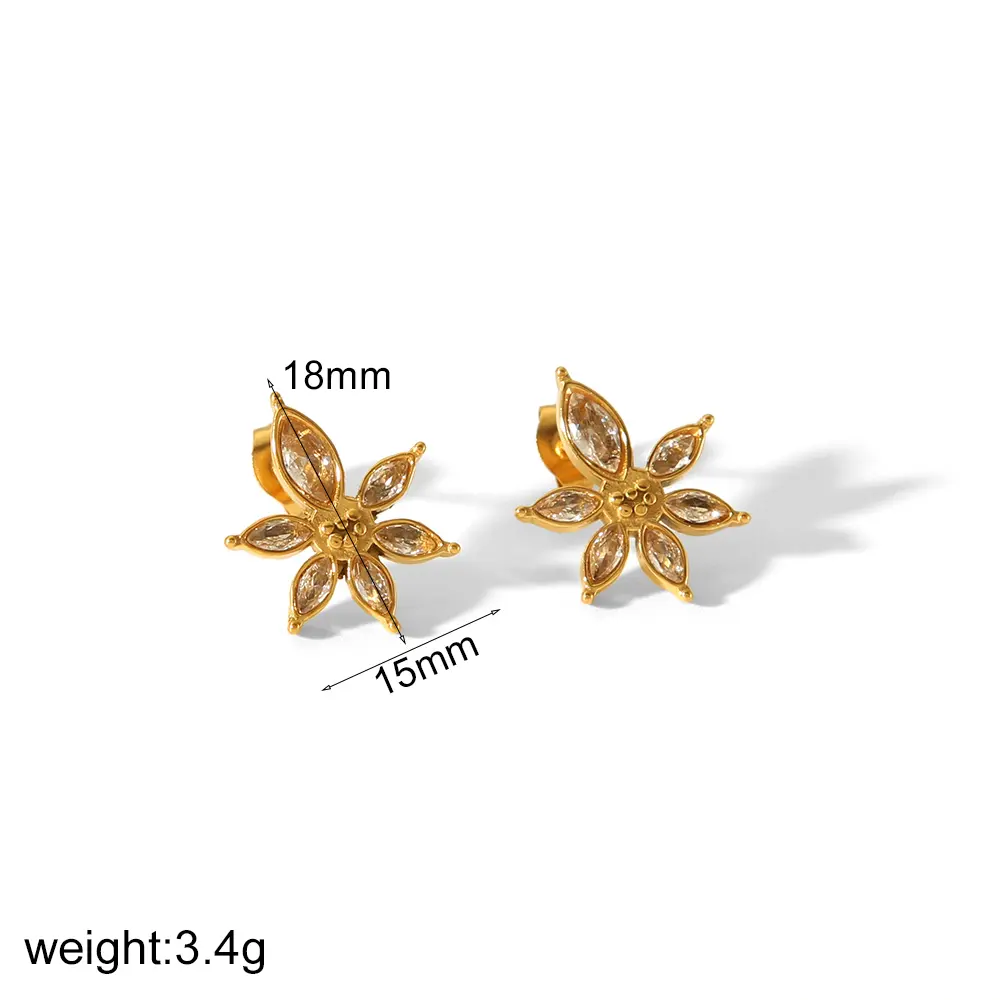 1 par de pendientes de botón para mujer de acero inoxidable chapados en oro de 18 quilates con circonitas y forma de flor de estilo simple y dulce h5 Imagen2